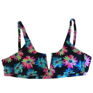 California Waves Plus Gerber Daisy Bikini Top Black Neon Size 1 (16/18) NWT